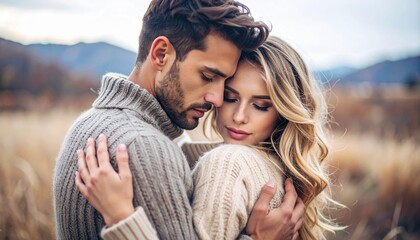 Obraz premium A passionate embrace, hearts intertwined. A couple in love, deeply connected, lost in the moment. Pursuing their passions, fully engaged in life's vibrant energy. Love and dreams woven together.