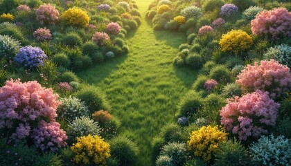 Obraz premium Top view of grassland, savanna field with path. Green grass, bushes, trees with pink, yellow, blue flowers. Nature background, springtime, summer season.