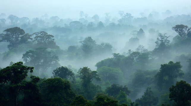 Post-Rain Mist In Congo Rainforest With Hidden Canopy And Humid Atmosphere, Ideal For Climate Visuals