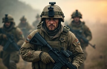 Fototapeta premium Navy special forces soldiers in combat. Soldiers with weapons in a foggy war zone. Tactical training, intense action, battlefield environment, military operation. Courage, readiness.