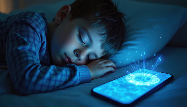Young boy asleep next smartphone emitting waves. Technology impact on youth. Parenting articles, sleep studies, digital detox promotions. Modern children tech, bedtime, relaxation, mobile phone use.