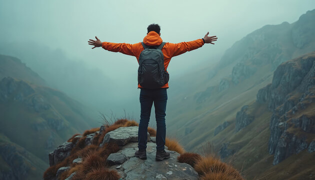 Person stands on mountain peak with open arms, enjoying fresh air. Concept of freedom, success and new beginnings. Hiking journey, exploring horizon, happy people in nature, adventure.
