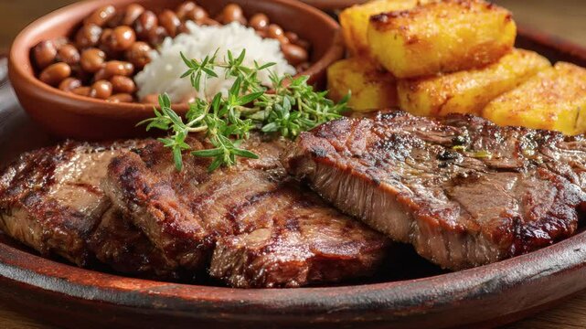 Delicious steak platter served with beans, rice and yuca fries. A perfect, hearty meal for any occasion. Enjoy the flavors! (zoom out)