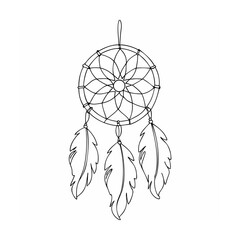 Hand drawn minimalist dreamcatcher design with detailed feathers suitable for bohemian artwork