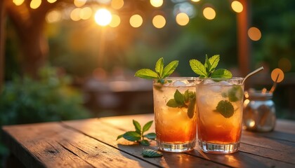 Refreshing cocktails garnished with fresh mint leaves served at garden party with fairy lights. Bright, inviting drinks on wooden table, ideal for social gathering, celebration. Summer vibes, fun
