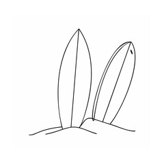 Minimalist line art depicting two surfboards leaning on sand dunes in a beach scene