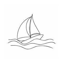 Simple black and white line art illustration of a sailing boat on wavy water
