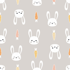 Cute rabbit and carrot seamless pattern. Kids and baby design. Vector illustration. For fabric, kids fashion, baby apparel, wallpaper, wrapping, textile, etc