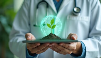 Doctor holds digital tablet with digital Earth, green plant growing. Eco-friendly healthcare concept, global health, environmental protection, sustainable resources, eco-friendly hospital, nature