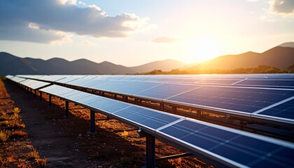 Fototapeta premium Solar panels perspective view background, green energy concept, eco electricity production