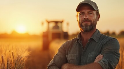 A smiling farmer stands confidently in a golden wheat field during sunset, embodying hard work and dedication while celebrating the beauty of agriculture and nature.