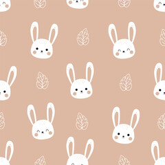 Cute bunny seamless pattern. cartoon rabbit and leaf on brown background. Vector illustration. For fabric, print, kids clothes, baby apparel, wallpaper, wrapping paper, etc