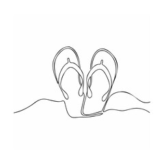 Minimalist continuous line drawing of two flip flops on a sandy beach conceptual