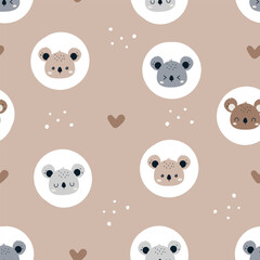 Cute cartoon koala seamless pattern. Funny animal background. Design for fabric, wallpaper, kids fashion, baby apparel, wrapping paper