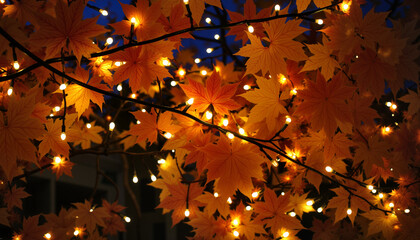 Autumn leaves illuminated by string lights against a dark background  