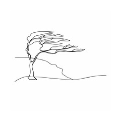 A single line drawing of a windy tree simple minimalist black and white art