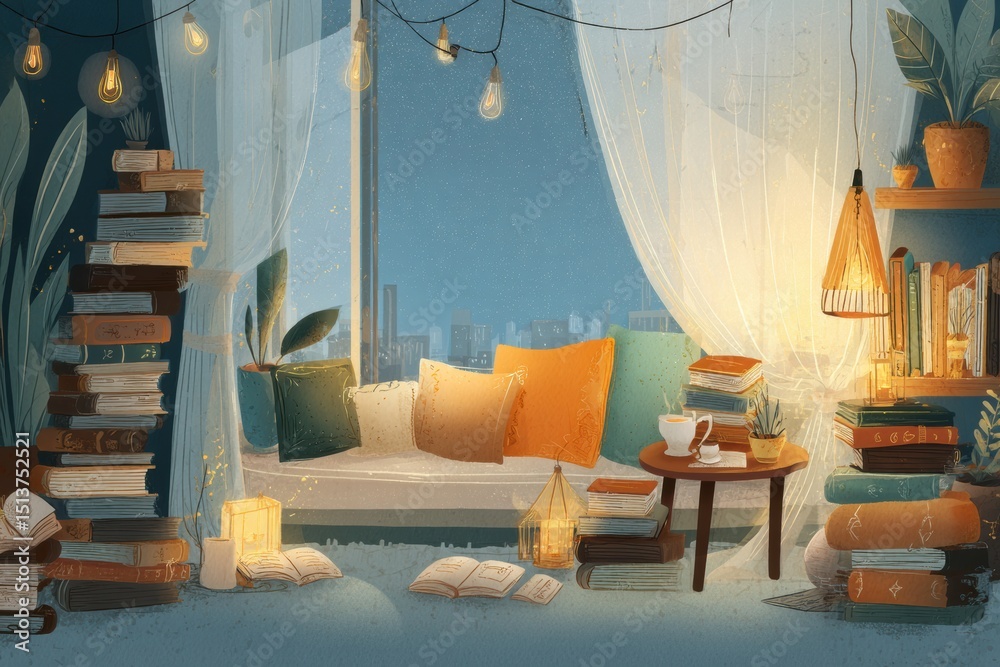 Aufkleber Relaxing Evening With Books and Tea by the Window Illuminated by Soft Light in a Cozy Room Setting