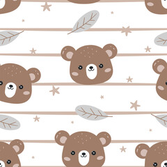 Cute bear pattern on stripe background. Cartoon animal background. Design for wallpaper, wrapping paper, print design, kids apparel, clothes. Vector illustration
