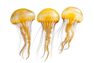 Three translucent, golden-yellow jellyfish with long, thin tentacles, floating against a white background