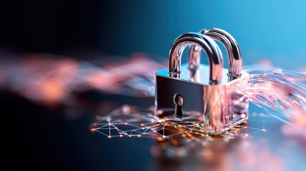 A shiny padlock represents security and safety, with digital connections radiating outward, symbolizing the importance of data protection in the modern digital age.