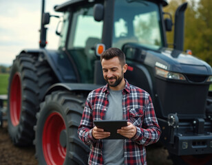 Caucasian man with plaid shirt, tractor. Farmer uses digital tablet. Modern agribusiness, agricultural tech, farming equipment. Farm business, selling, leasing tractors. Agricultural technology,