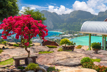 Beautiful summer scene with mountains and turquoise sea water in Tonsai village, Phi Phi, Thailand