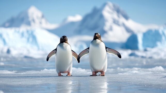 A captivating image of two penguins waddling together on an icy landscape, showcasing their unique bond and resilience in a harsh, cold environment.