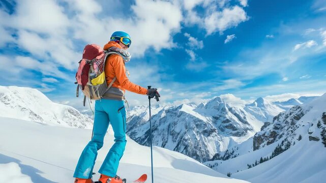 Skier enjoying a mountain view. Dressed in full ski gear, she pauses to take in the snowy landscape. A perfect day for an adventure in the alpine wilderness.