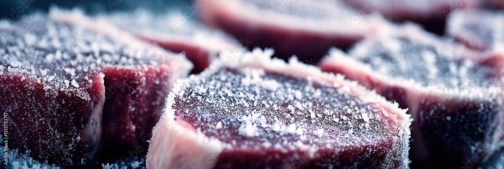 Poster close-up view of frost on vacuum-sealed frozen steaks showcasing delicate ice crystals in pristine c