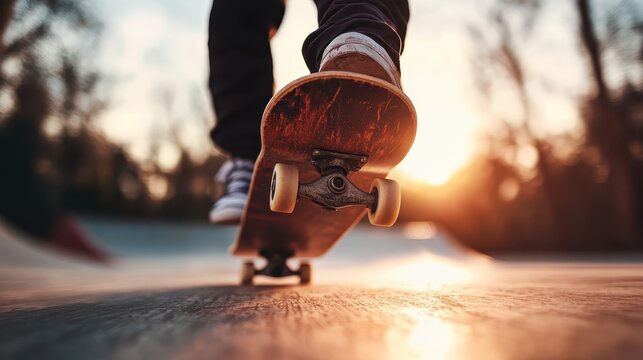 A skateboarder rolls gracefully through a skate park at sunset, capturing the essence of youthful energy, freedom, and the thrill of skating in an urban setting.
