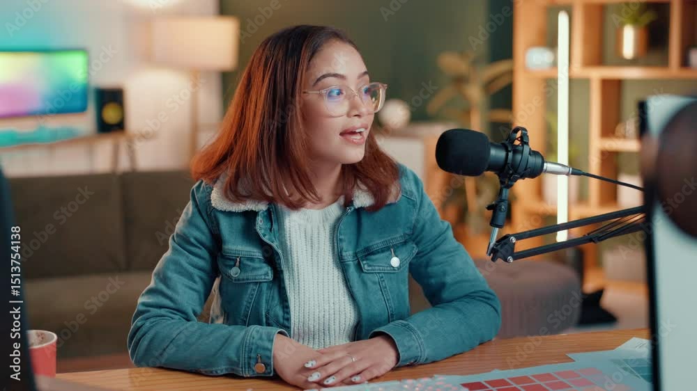 Poster Influencer, microphone and streaming with woman in recording studio for content creator, radio and broadcast. Subscription, camera and social media with person in home for hosting platform and vlog