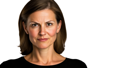 Portrait of a serious middle-aged woman, neutral expression, cut out transparent