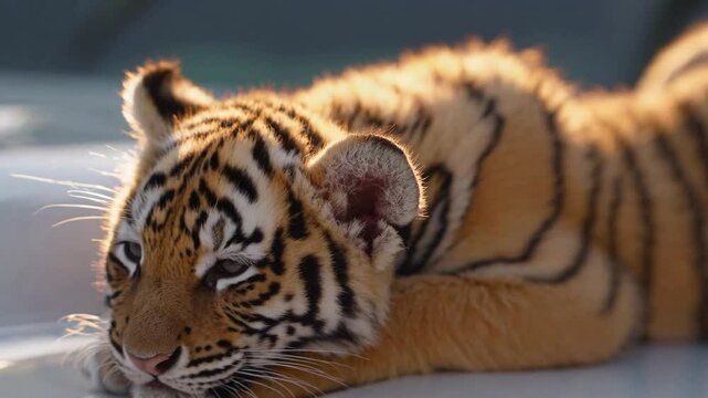  Jeune tigre couch&eacute; sur le capot d'une voiture de luxe blanche dans une all&eacute;e bord&eacute;e de palmiers