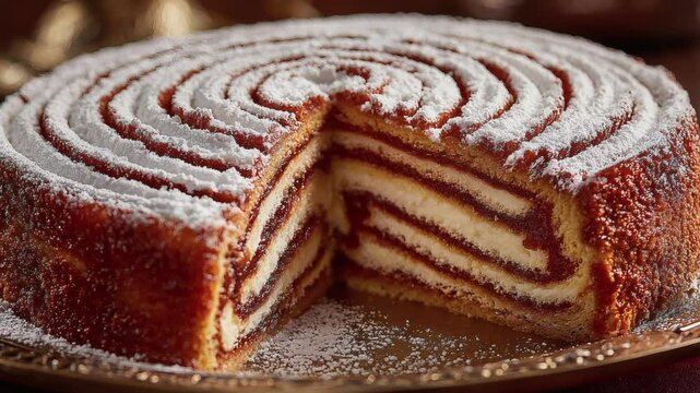 A delectable layered cake dusted with powdered sugar, revealing a spiral design, sits on a golden plate with a missing slice. (zoom out)