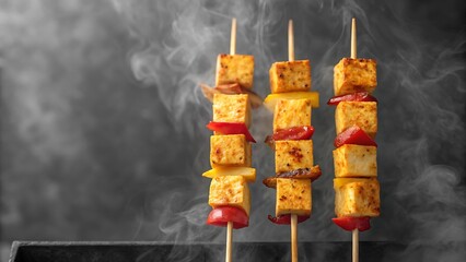 Delicious grilled tofu skewers with bell peppers and onions freshly prepared on a smokey grill