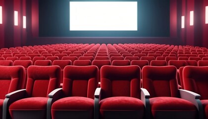 Obraz premium Rows of red velvet seats watching movies in the cinema with copy space banner background. Entertainment and Theater concept. 3D illustration rendering, created with generative ai