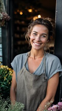 Portrait of a smiling young female florist standing at the entrance of her flower shop, surrounded by fresh blooms and soft golden light. Generative AI