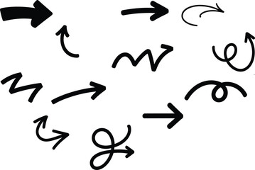 Collection of hand drawn black arrows in various styles and directions on a plain white background suitable for design elements and graphic illustrations.