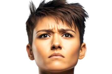 Confused woman with short spiky hair, emotive face, cut out transparent