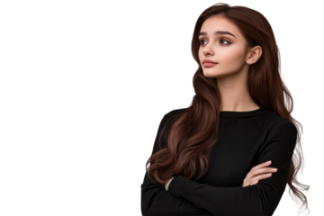 Pensive brunette woman with arms crossed, looking away, cut out transparent