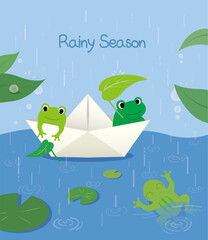 Vector illustration of a rainy season with a frog on a paper boat