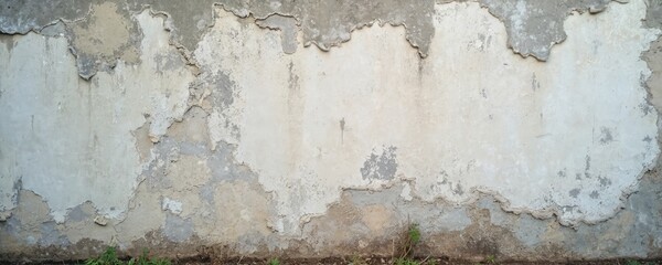 Old weathered wall with chipped plaster, cracked paint. Grunge texture concrete surface. Dilapidated facade in vintage style. Grey, white, cream colors. Rough abstract background. Architectural