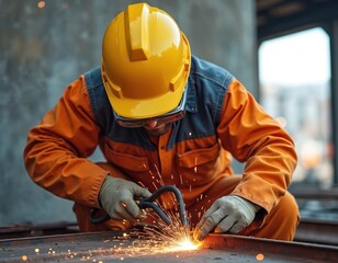 Worker in yellow helmet welds metal at construction site generating sparks. Industrial worker wearing safety glasses, gloves, orange protective workwear. Craftsmanship, metalwork, welding,