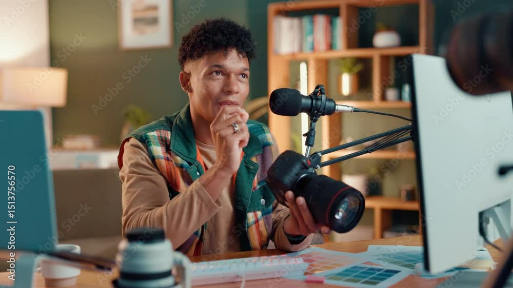 Aufkleber content creator, microphone and camera with man in studio for influencer, advice or broadcast. subsc