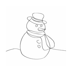 Minimalist black line art illustration of a smiling snowman wearing a hat and scarf