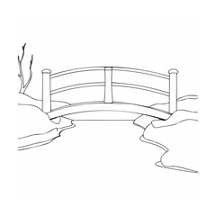 Obraz premium Black and white illustration of a traditional arched bridge spanning a serene waterway