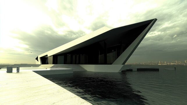 Modern, angular waterfront structure with dark interior, sits on a pier under a dramatic sky