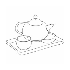 Minimalist one line drawing of tea set on tray for relaxation and tranquility