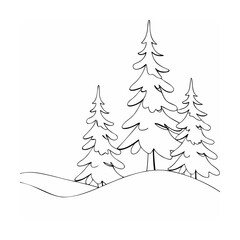 Simple black and white illustration of winter landscape with fir trees on snowy hills