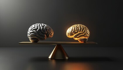 Golden balance scale contrasts human, AI intelligence using brain models on black surface, symbolizing tech, humanity interplay. Modern concept, futuristic design, AI versus human cognition concept.